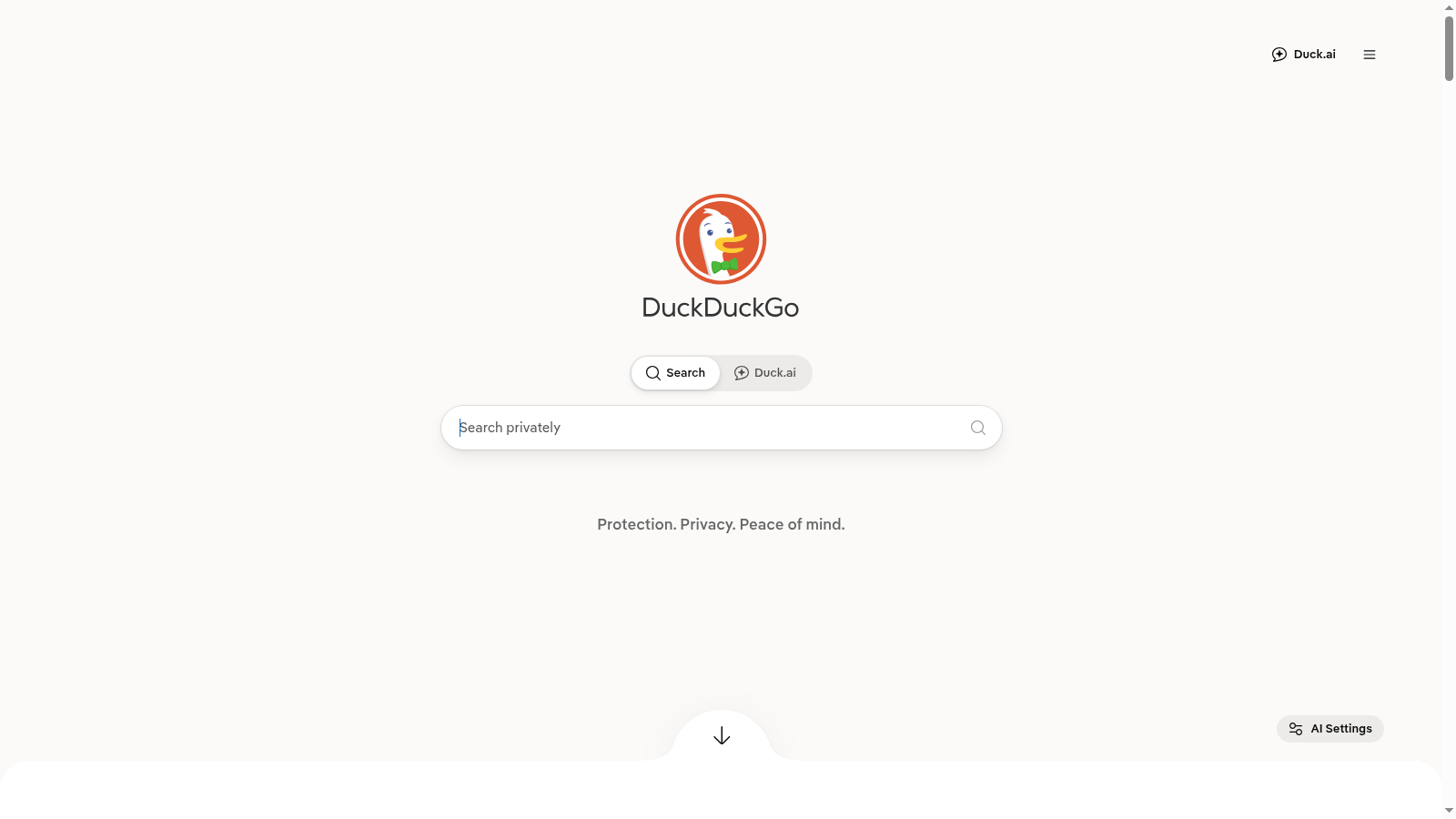 La pagina iniziale di DuckDuckGo
