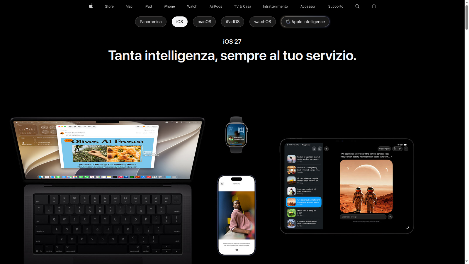 Pagina ufficiale Apple di iOS 27 con iPhone, Apple Watch, iPad e Mac