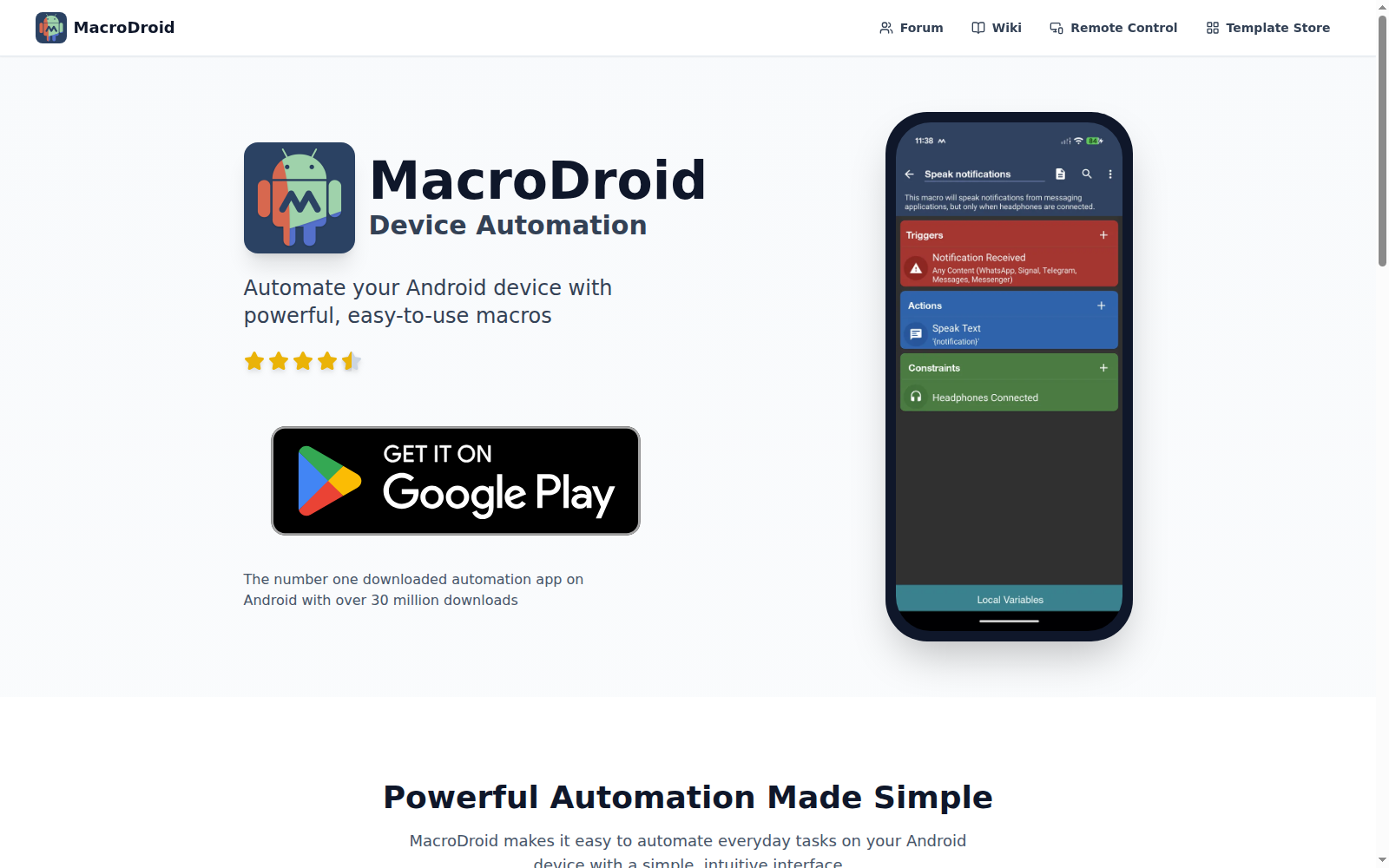 La pagina ufficiale di MacroDroid con l'editor di una macro (trigger, azioni, vincoli) su Android