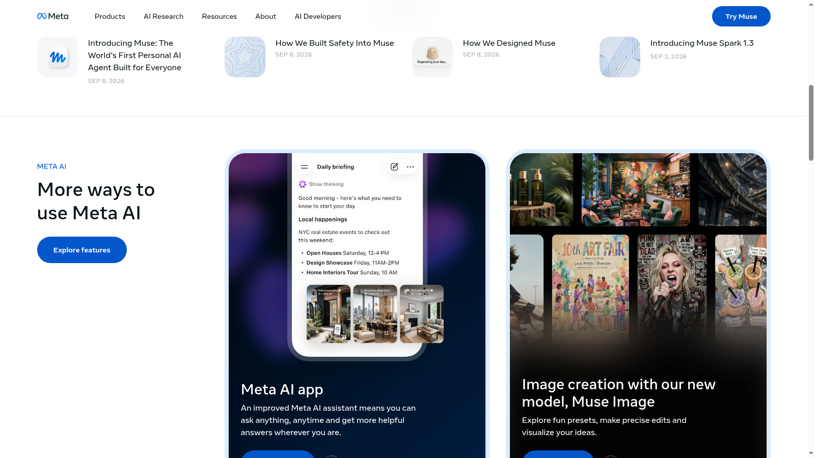 La pagina ufficiale Meta AI con l'annuncio di Muse e la sezione sull'app Meta AI