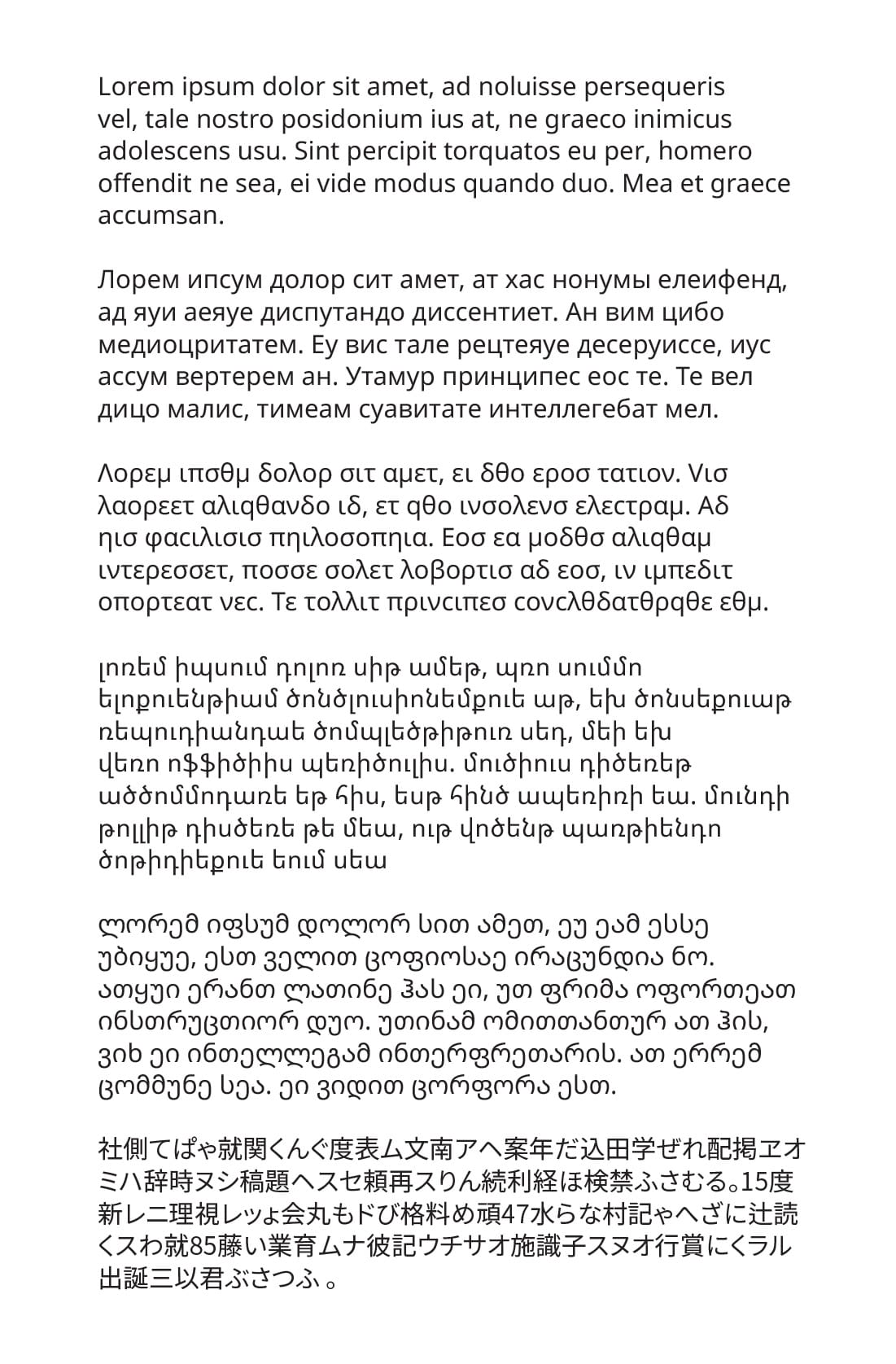 Esempio multilingue dei Noto fonts di Google: testo latino, cirillico, greco, armeno, georgiano e giapponese