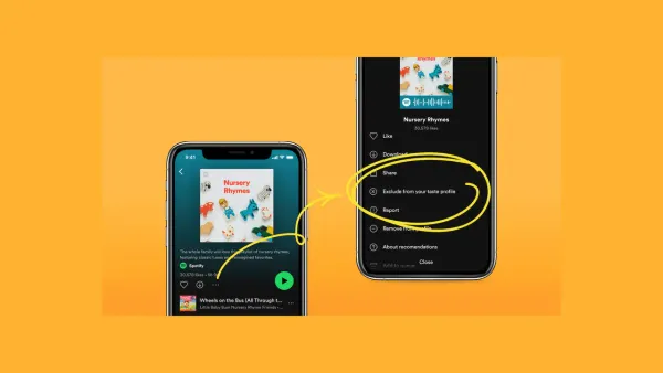 Due schermate dell’app Spotify con l’opzione Escludi dal tuo profilo di gusti