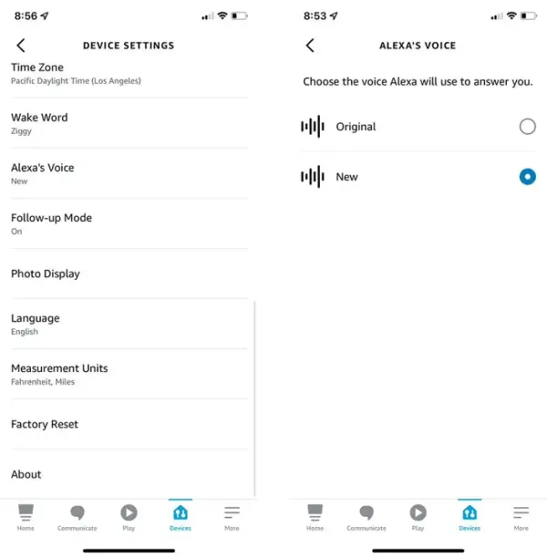 Screenshot dell’app Alexa con le impostazioni della voce e la parola di attivazione “Ziggy”