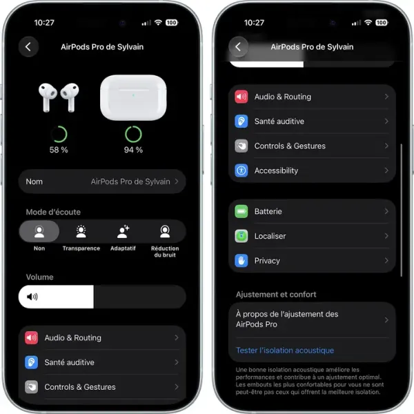 Due schermate delle impostazioni degli AirPods su iPhone con le opzioni di audio, batteria e accessibilità