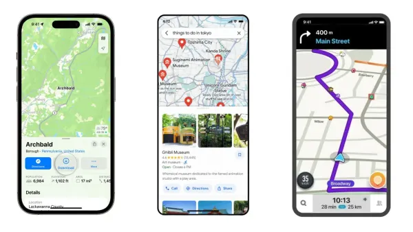 Tre schermate di Apple Maps su iPhone: mappa, schede dei luoghi e navigazione