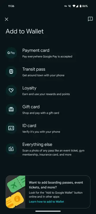 La schermata Aggiungi a Wallet di Google Wallet con le opzioni per carte, pass e biglietti