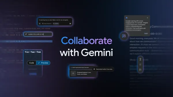 Grafica Google Collaborate with Gemini con l’interfaccia di Gemini e un progetto di codice