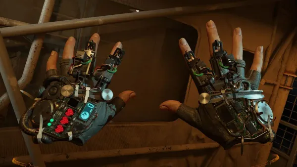 Le mani di Alyx con i Gravity Gloves in una scena VR del gioco, davanti a un ambiente illuminato in modo caldo.