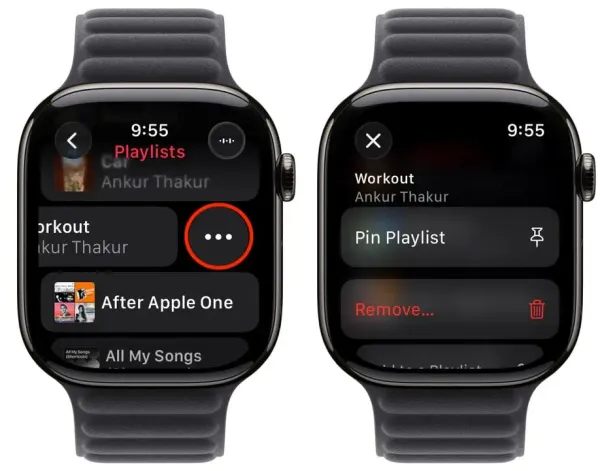 Schermate di Apple Watch con la libreria Musica e il menu per fissare una playlist.