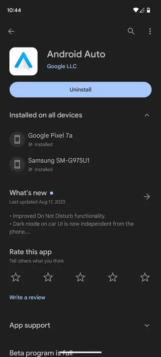 La pagina Google Play di Android Auto con le informazioni sull’aggiornamento dell’app