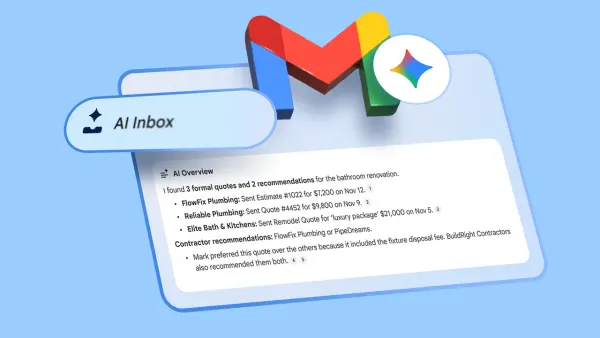 Illustrazione dell’AI integrata in Gmail: il logo Gmail con il simbolo AI di Google, un pulsante “AI Inbox” e un riquadro “AI Overview” con il riepilogo di alcuni preventivi