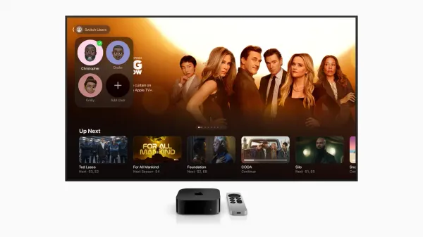 Schermata dell’app Apple TV sul televisore con selettore dei profili e programmi in Up Next