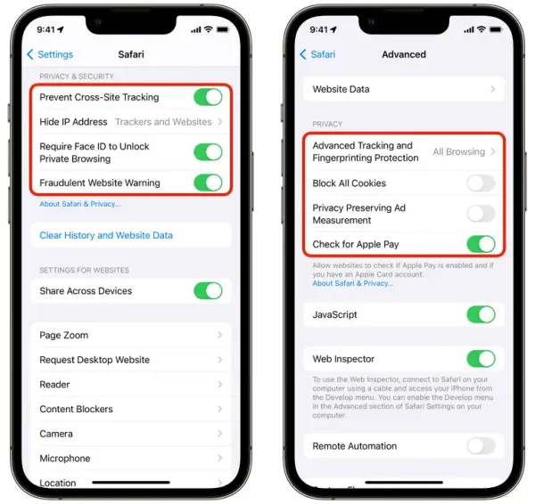 Impostazioni di privacy di Safari su iPhone