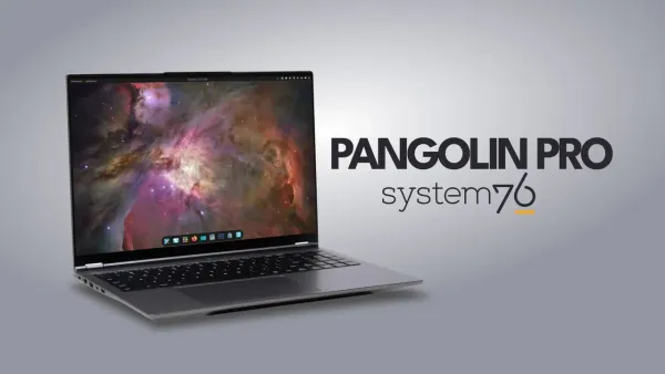 Il portatile System76 Pangolin Pro aperto con Pop!_OS sullo schermo