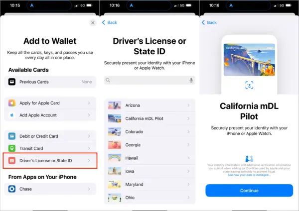 Schermate dell’app Apple Wallet con l’opzione “Patente di guida o carta d’identità” evidenziata in rosso