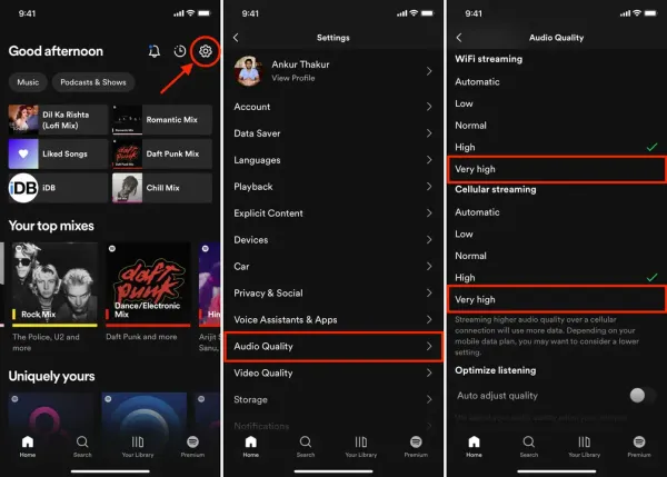 Tre schermate dell’app Spotify con le impostazioni di qualità audio e l’opzione Molto alta selezionata