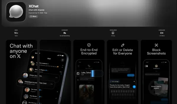 Anteprima App Store di XChat: icona dell’app e schermate delle chat, della modifica dei messaggi e del blocco degli screenshot.