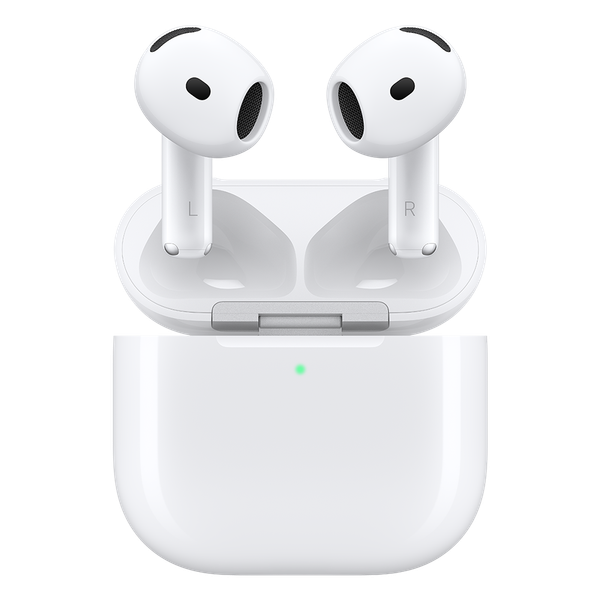 Gli AirPods 5 di Apple visti di fronte con la custodia di ricarica
