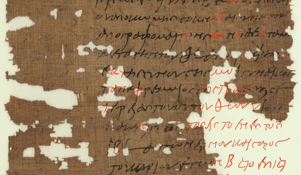 Frammento di papiro greco con lacune e annotazioni di ricostruzione