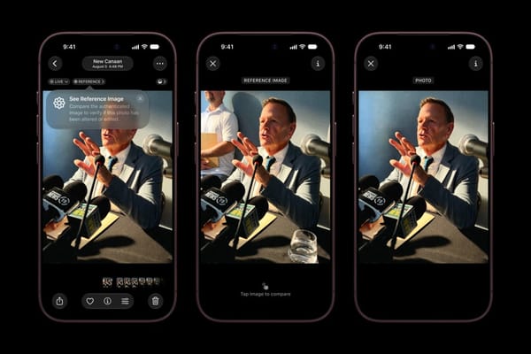 Tre schermate di iPhone mostrano la foto, il riferimento autenticato e il confronto in Apple Reference Image