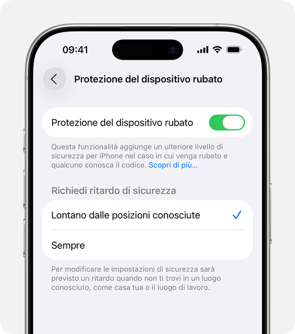 Impostazioni iPhone con Protezione del dispositivo rubato attiva e ritardo di sicurezza