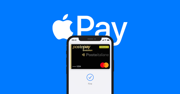Un iPhone mostra una carta Postepay in Apple Pay, con il simbolo Apple Pay su sfondo blu.