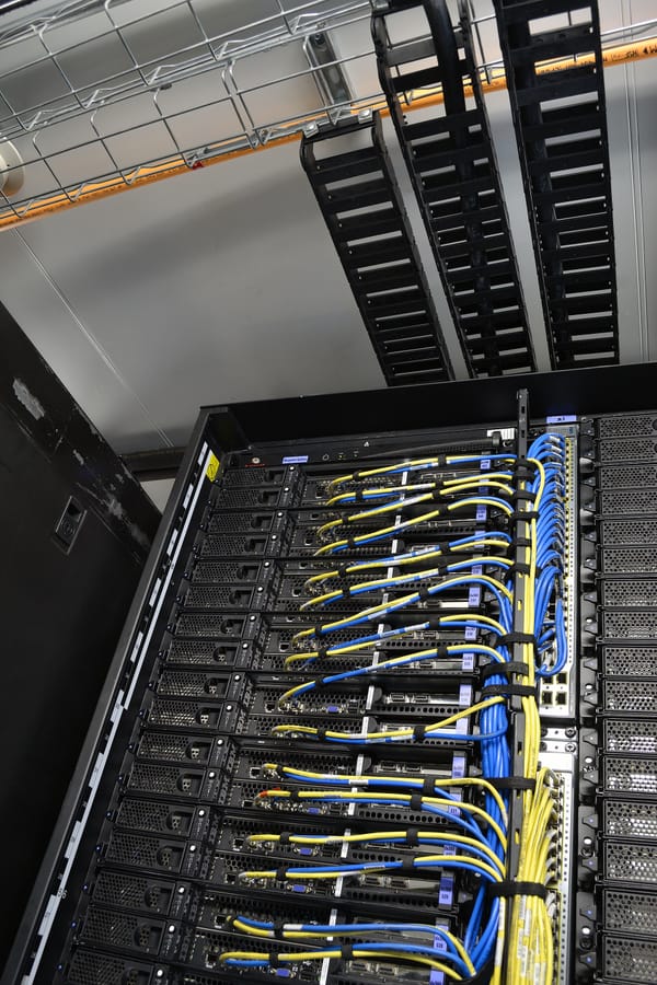 Armadio rack con server e fasci di cavi di rete colorati