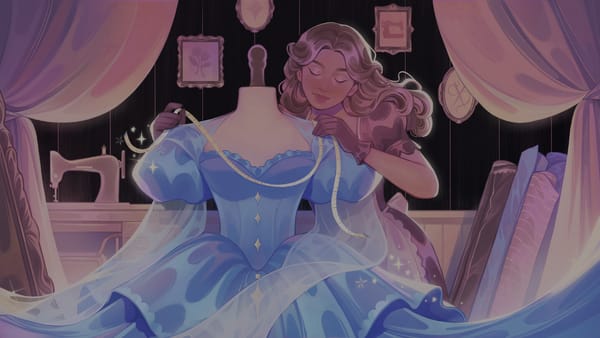 Illustrazione ufficiale di Dressmaker con una sarta che misura un abito azzurro
