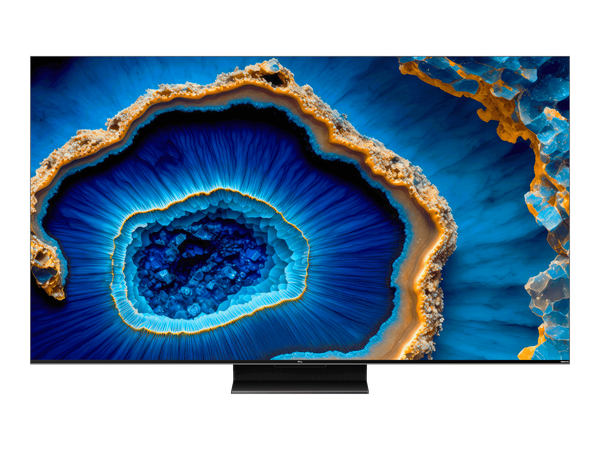 Un televisore TCL della serie C805, QD-Mini LED, visto frontalmente con il logo TCL sulla cornice