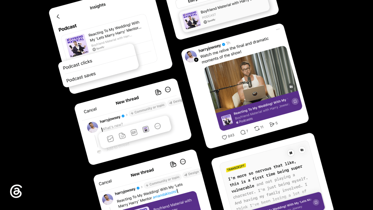Schermate di Threads con gli strumenti per i podcast: insights, trascrizioni e nuovi thread