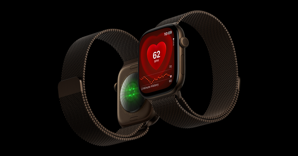 Due Apple Watch mostrati sul fronte e sul retro, con quadrante del battito cardiaco e sensore posteriore