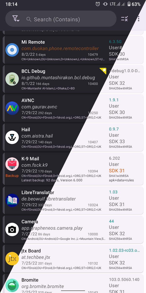 Schermata di App Manager con l’elenco delle app Android installate