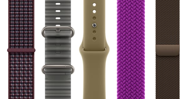 Cinturini Apple Watch in tessuto intrecciato, gomma e metallo mostrati in dettaglio