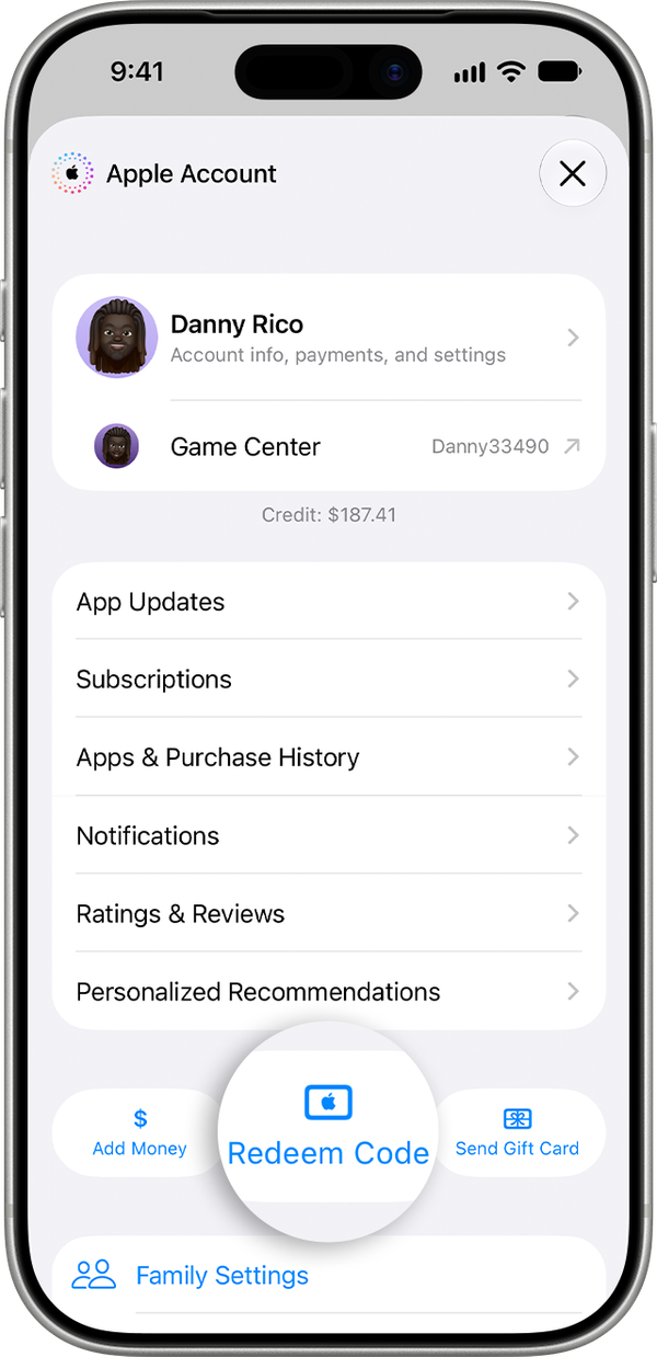 Schermata Apple Account su iPhone con il comando per riscattare un codice evidenziato