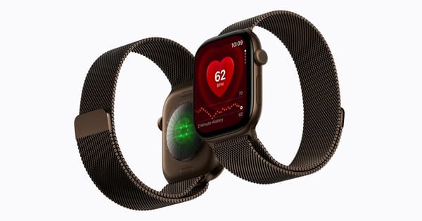 Apple Watch Series 12 color bronzo scuro, con il display che mostra la frequenza cardiaca e il sensore ottico verde sul retro