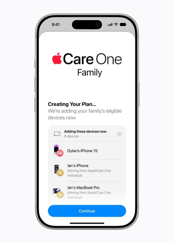 Schermata AppleCare One Family su iPhone durante l’aggiunta dei dispositivi idonei della famiglia.