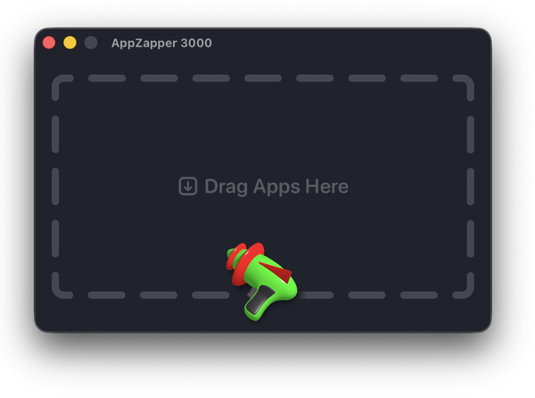 Finestra di AppZapper 3000 con l’area “Drag Apps Here” e il suo zapper grafico