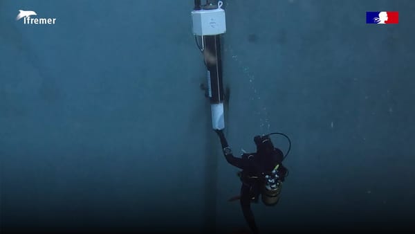 Un subacqueo accanto al profiler Argo Deep-6000 durante le prove nella vasca di Ifremer.