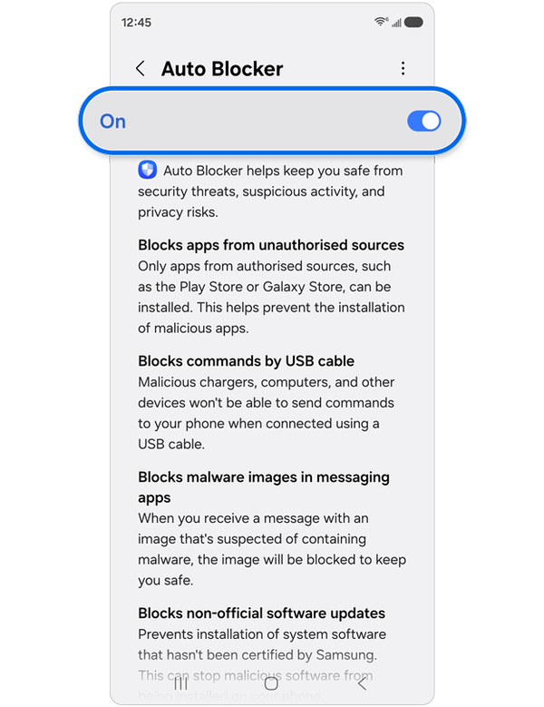 Schermata Samsung delle impostazioni Auto Blocker con la protezione attivata