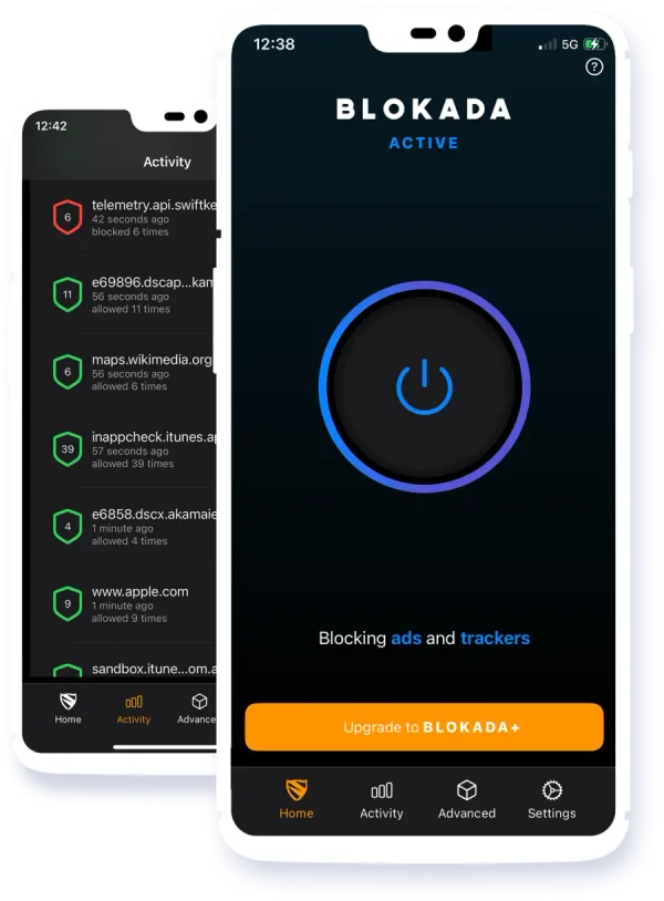Schermate dell’app Blokada: stato del servizio attivo e attività DNS filtrate.