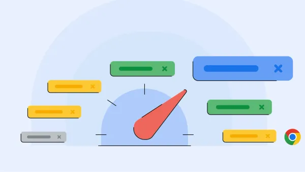 Illustrazione ufficiale di Chrome con tachimetro e schede colorate, dedicata ai controlli di prestazione del browser