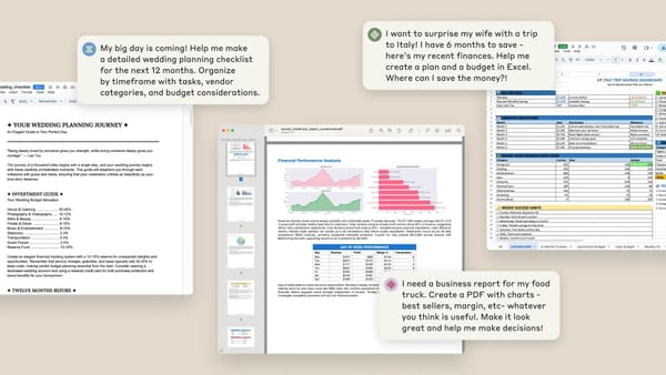 Claude genera documenti, fogli di calcolo e PDF da istruzioni in chat, come mostra l’immagine ufficiale di Anthropic.