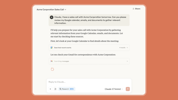 Interfaccia Claude che consulta Google Calendar e Gmail per preparare informazioni a una riunione