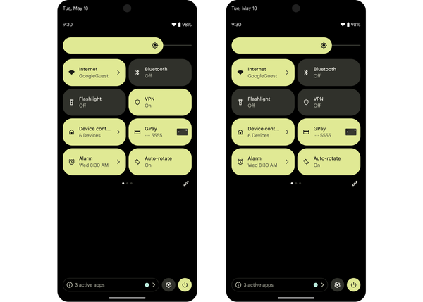 Due schermate del pannello Impostazioni rapide Android mostrano il riquadro VPN attivo e disattivato
