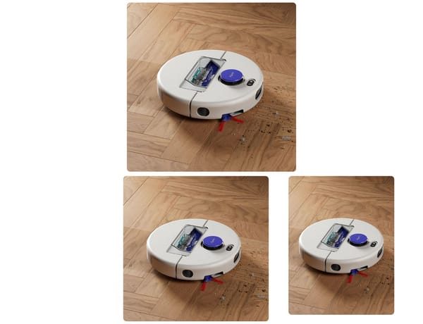Robot aspirapolvere Dyson Nurovi bianco con sensore viola e spazzola laterale su pavimento in legno
