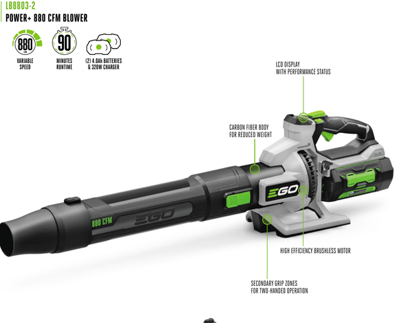 Soffiatore EGO POWER+ 880 CFM LB8803-2 con ugello rastremato, due batterie illustrate e display di controllo, come nel catalogo EGO 2026.