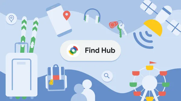 Illustrazione Google di Find Hub con smartphone, chiavi, cuffie, sci e bagagli attorno al nome del servizio.
