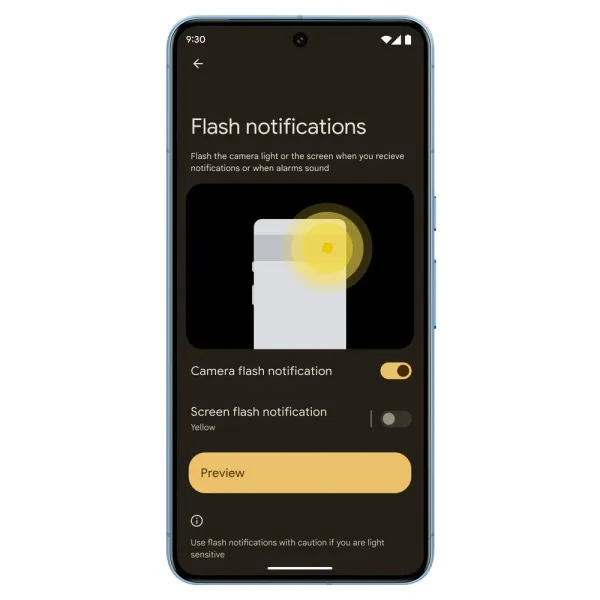 Schermata Android con l’opzione Flash fotocamera attiva, Flash schermo disattivato e pulsante Anteprima