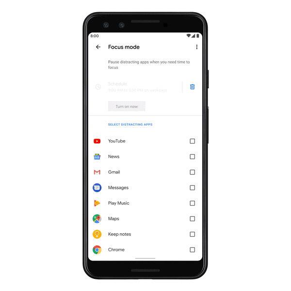 Schermata Android della Modalità Focus con app selezionabili e pianificazione
