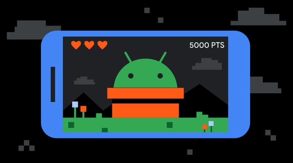 Illustrazione Android Developers con un gioco su smartphone e la mascotte Android sullo schermo.
